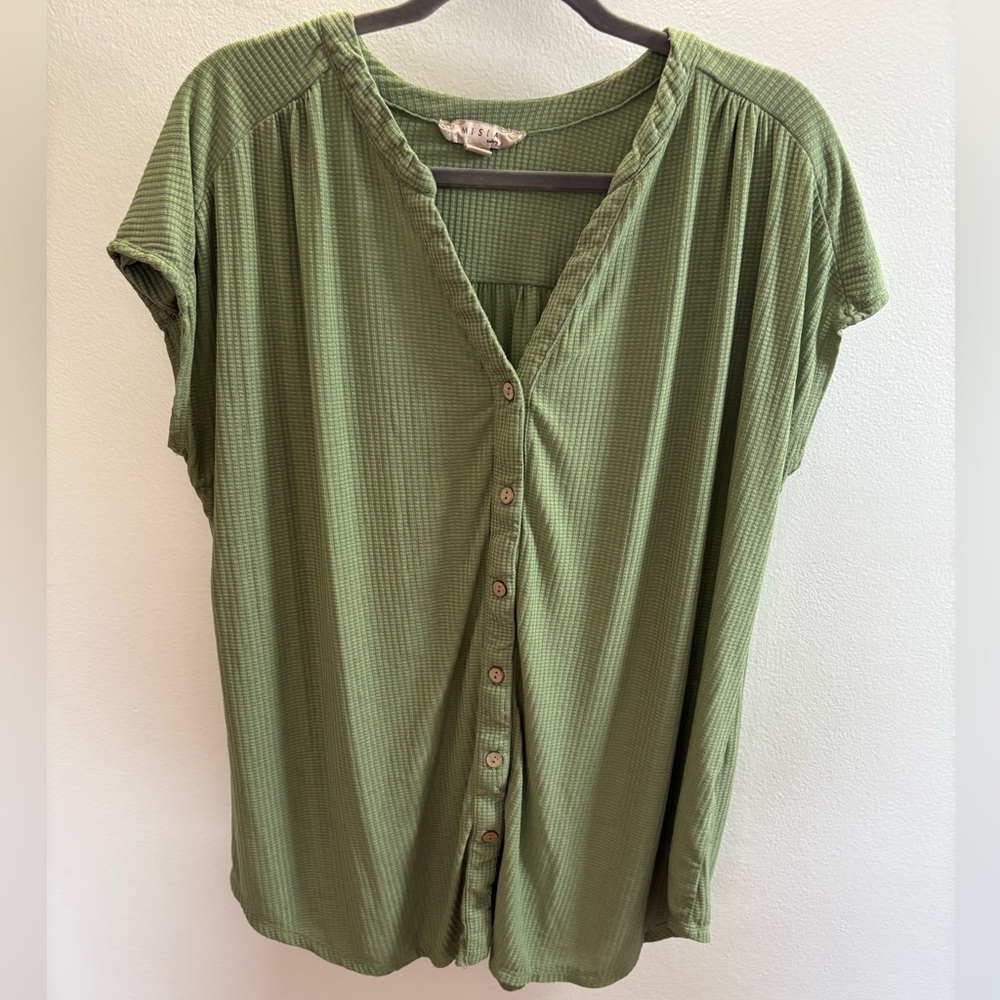 Misia Green Waffle Knit V-Neck Blouse 2X